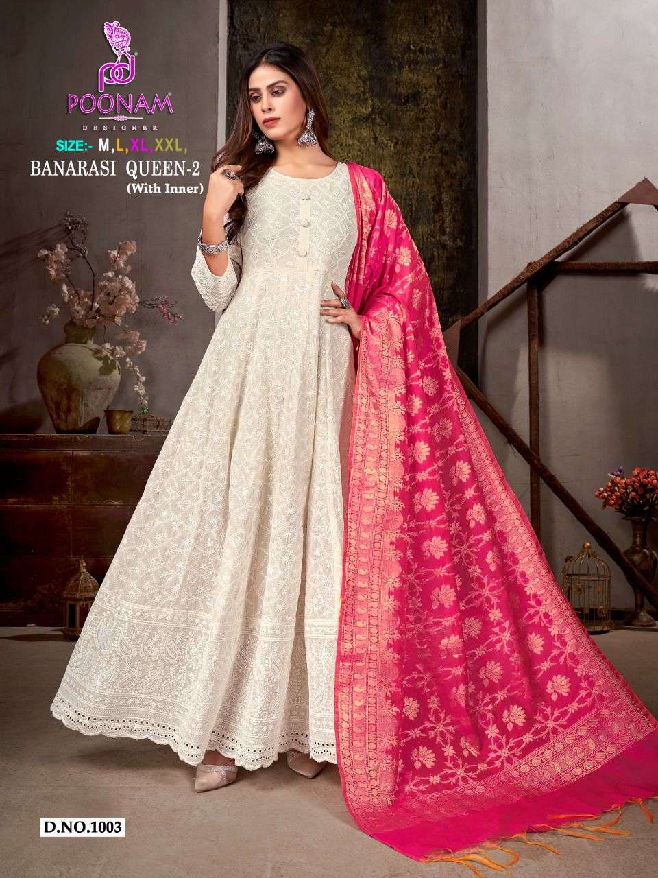 BANARASI QUEEN VOL-2 BY POONAM FASHION 1001 TO 1006  PURE COTTON CHIKAN WORK GOWNS