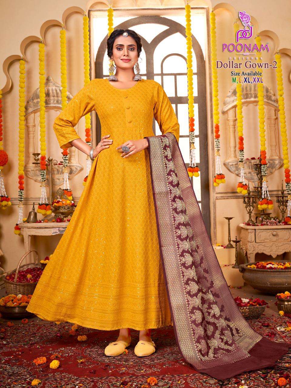 DOLLAR GOWN VOL-2 BY POONAM DESIGNER 1001 TO 1008 SERIES RAYON CHIKAN WORK GOWN & DUPATTAS