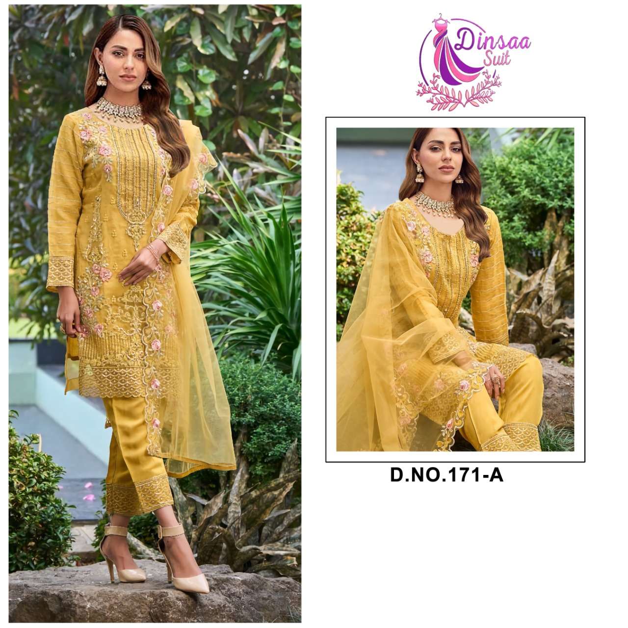 DS-171 COLOURS BY DINSAA SUIT 171-A TO 171-C SERIES ORGANZA KHATLI WORK PAKISTI DRESSES