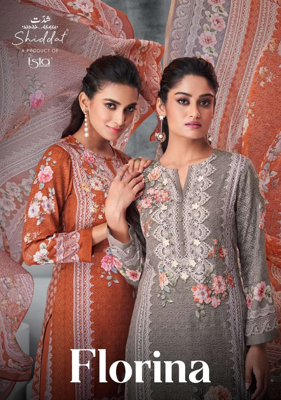 FLORINA BY SHIDDAT 1001 TO 1010 SERIES COTTON SATIN WITH DIGITAL PRINTE HAND WORK DRESSES