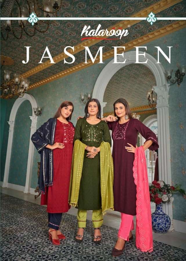 JASMEEN BY KALAROOP 13592 TO 13597 SERIES FANCY RAYON WORK STITCHED DRESSES