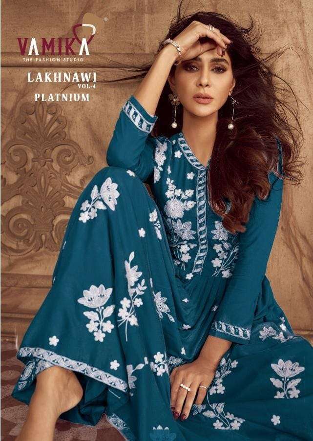 LAKHNAWI VOL-4 PLATINUM BY VAMIKA 1024-A TO 1024-E SERIES RAYON WORK STITCHED DRESSES