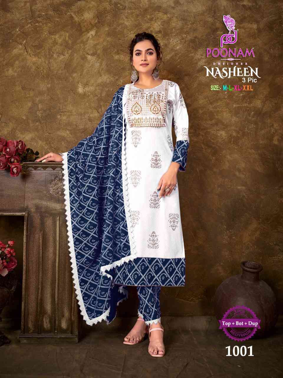 NASHEEN BY POONAM DESIGNER 1001 TO 1004 PURE RAYON WORK STITCHED DRESSES