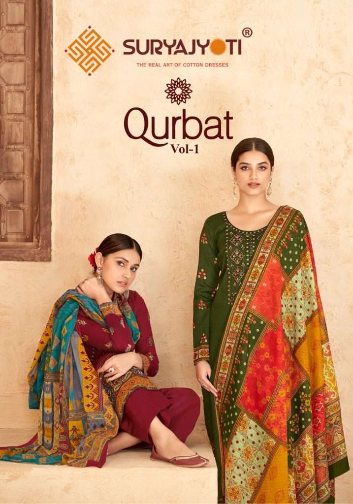 QURBAT VOL-1 BY SURYAJYOTI 1001 TO 1010 SERIES PURE SATIN COTTON WORK DRESSES