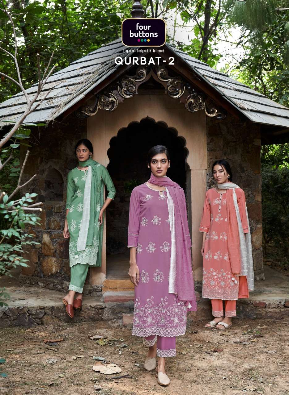 QURBAT VOL-2 BY FOUR BUTTONS 3011 TO 3016 SERIES LAKHNAVI EMBROIDERY SILK STITCHED DRESSES