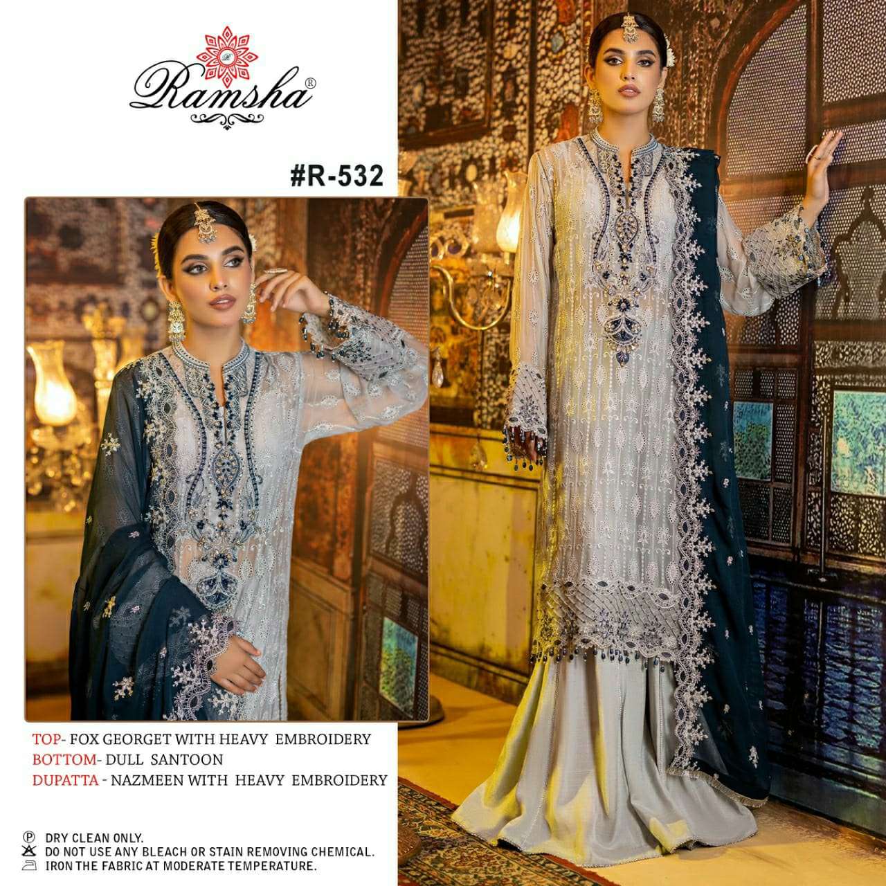 R-532 HIT DESIGN BY RAMSHA FAUX GEORGETTE EMBROIDERY PAKISTANI DRESS