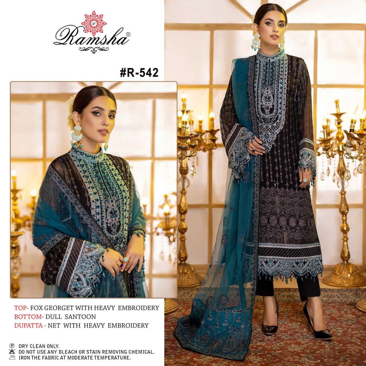 R-542 HIT DESIGN BY RAMSHA FAUX GEORGETTE EMBROIDERY PAKISTANI DRESS