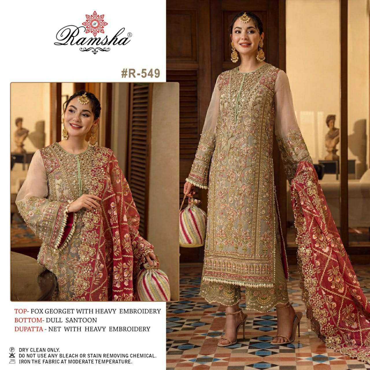 R-549 HIT DESIGN BY RAMSHA FAUX GEORGETTE EMBROIDERY PAKISTANI DRESS