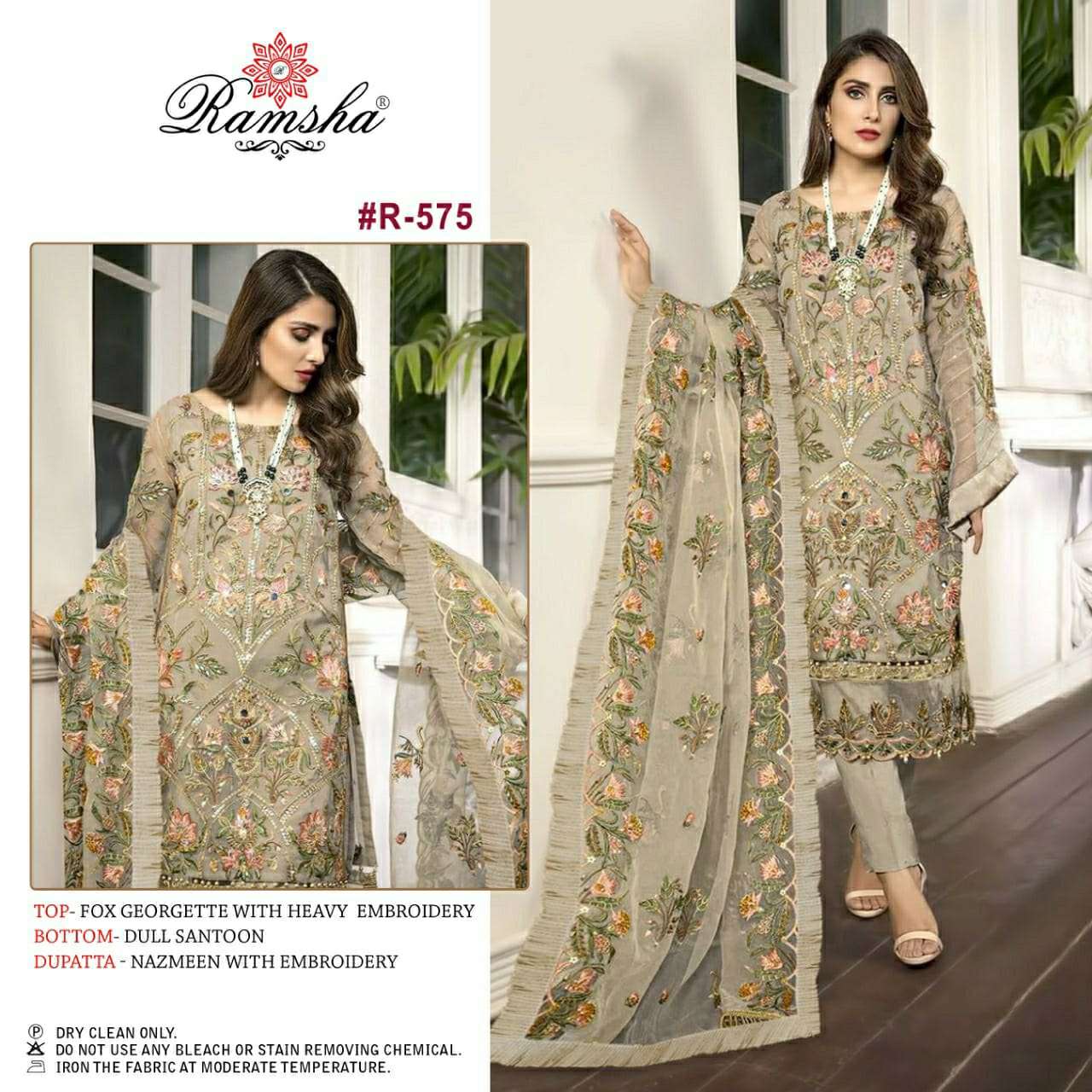 R-575 HIT DESIGN BY RAMSHA FOX GEORGET HEAVY EMBROIDERY WORK PAKISTANI DRESS