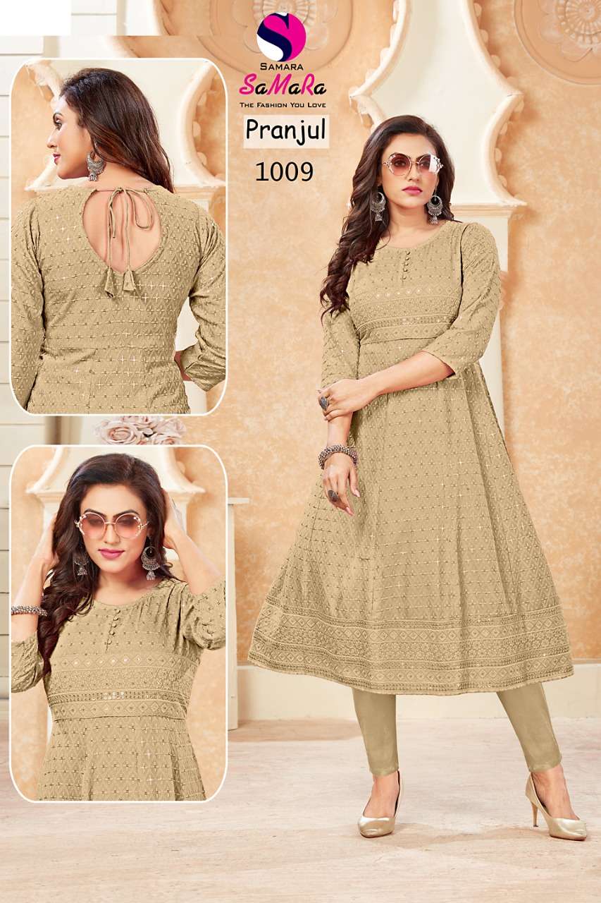 SAMARA PRANJUL BY AQSAWHOLESALE 1001 TO 1012 SERISE RAYON WITH SHIFFLI WORK KURTIS