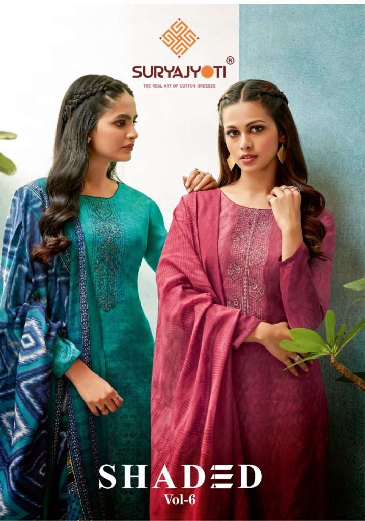 SHADES VOL-6 BY SURYAJYOTI 6001 TO 6008 SERIES SATIN COTTON EMBROIDERY DRESSES