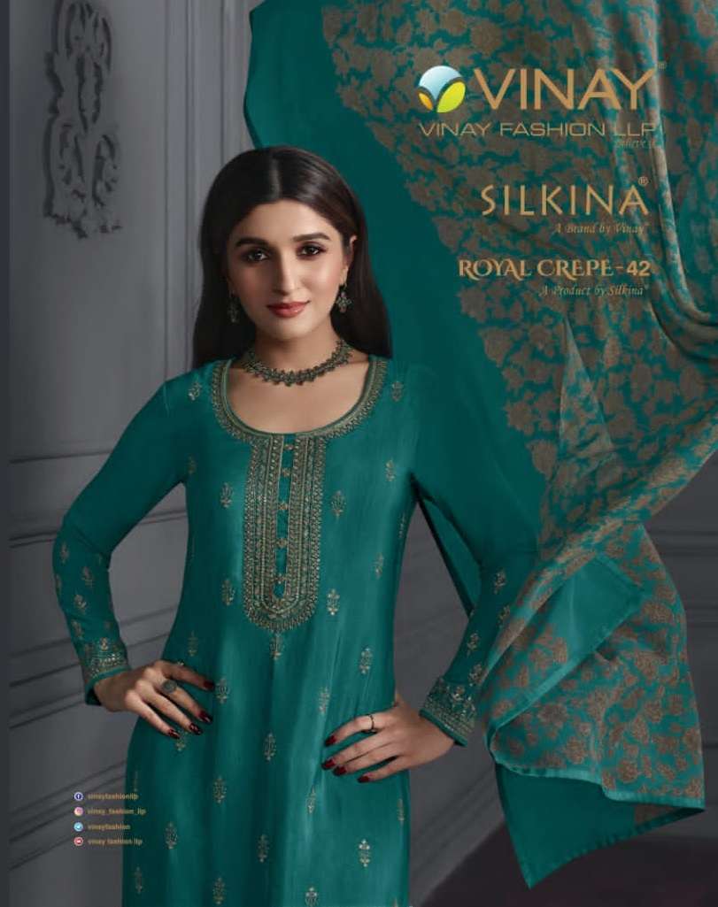 SILKINA-ROYAL CREPEA-42 BY VINAY FASHION 63061 TO 63070 ROYA EMBROIDERY CREPE WORK DRESSES 