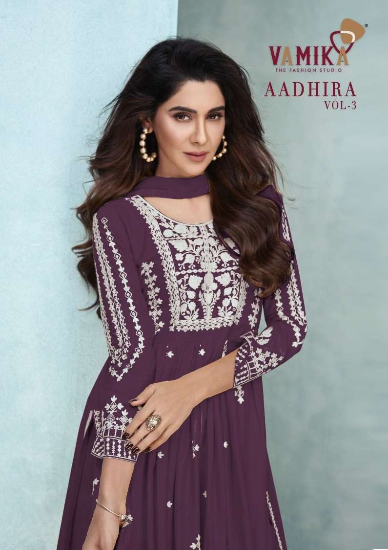 AADHIRA VOL-3 BY VAMIKA 1105-A TO 1105-E SERIES PURE RAYON VISCOSE WORK STITCHED DRESSES