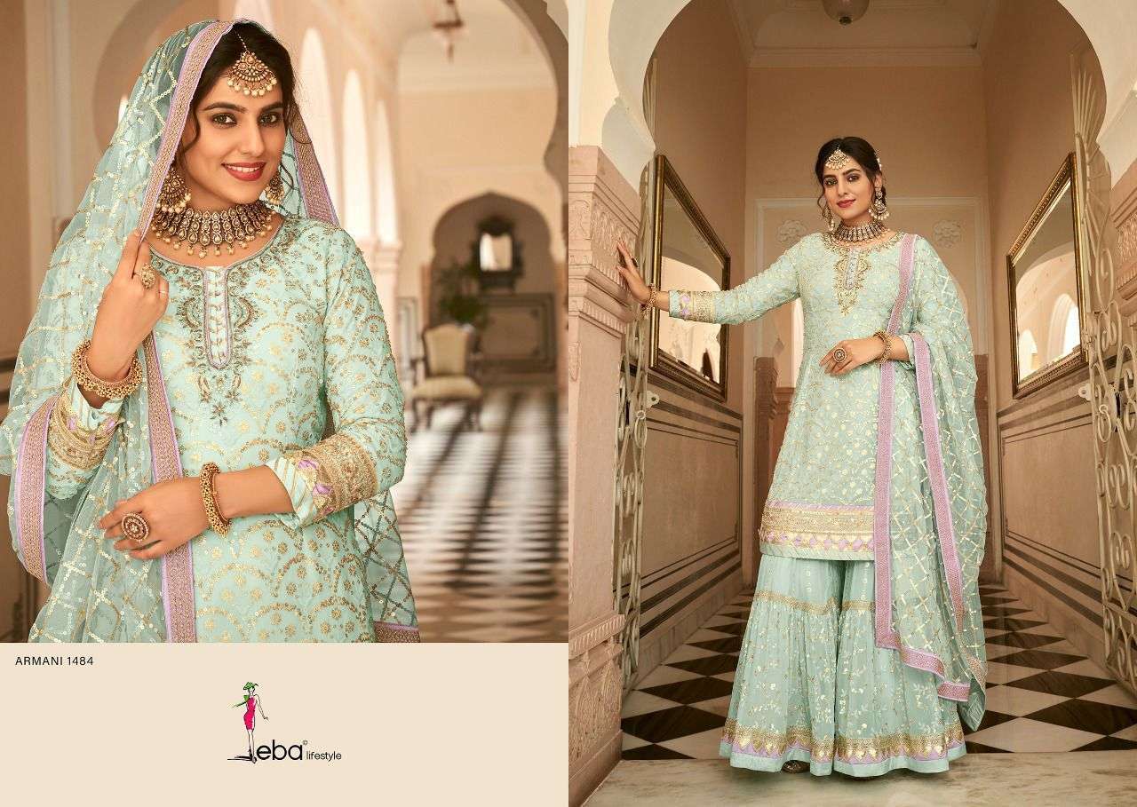 ARMANI 1484 HIT DESIGN BY EBA LIFESTYLE FAUX GEORGETTE EMBROIDERY SHARARA SUIT