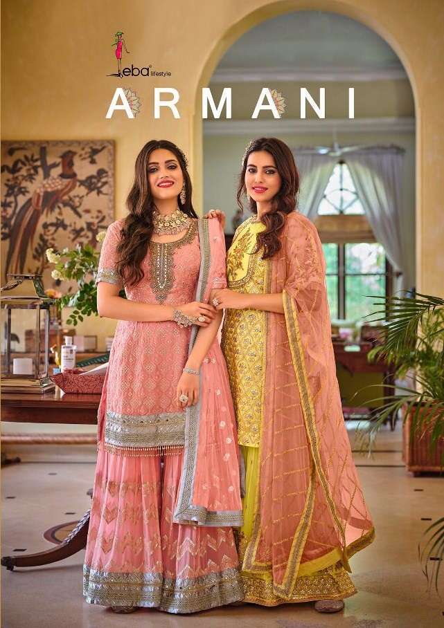 ARMANI BY EBA LIFESTYLE 1361 TO 1364 SERIES FAUX GEORGETTE EMBROIDERY SHARARA SUITS