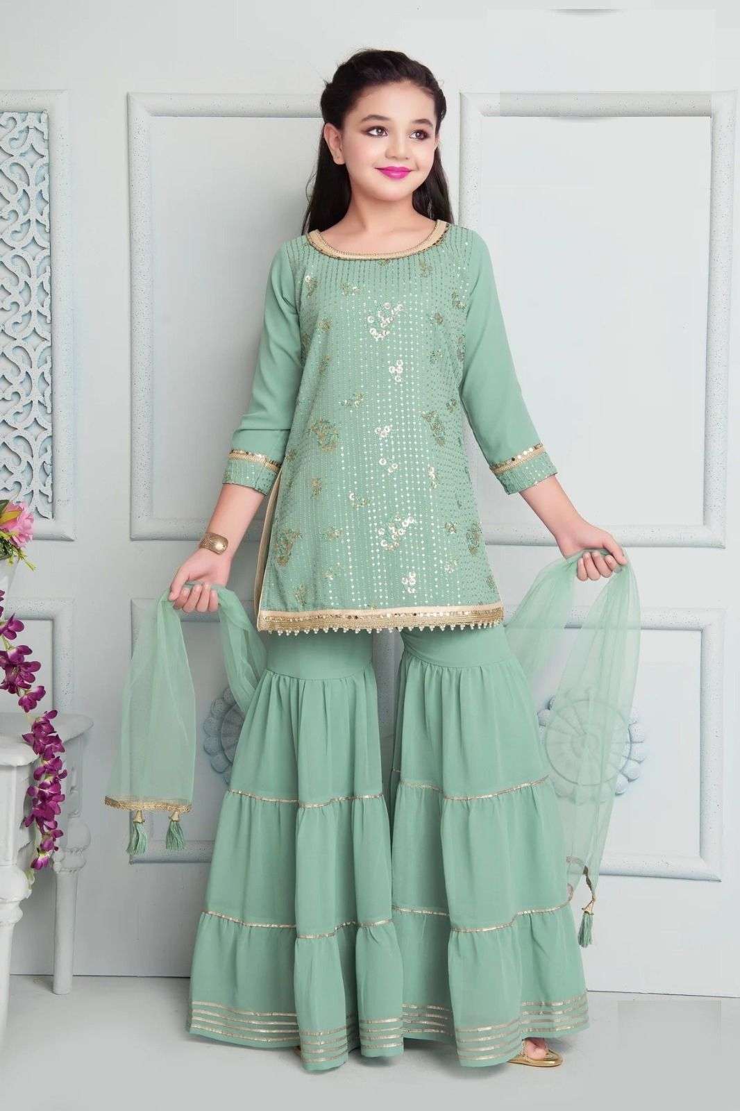 ARSHIA BY AQSAWHOLESALE HEAVY FAUX GEORGETTE EMBROIDERY STITCHED KIDS SHARARA DRESS