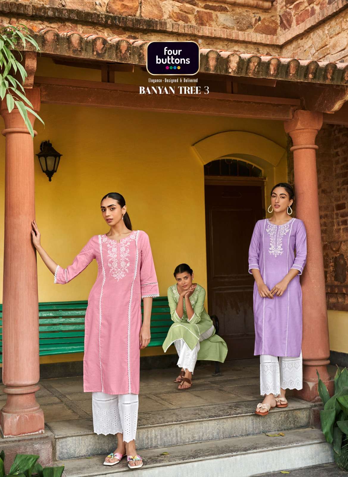 BANYA TREE - 3 BY FOUR BUTTONS 3141 TO 3146 SERIES PREMIUM COTTON EMBROIDERY HAND WORK KURTIS