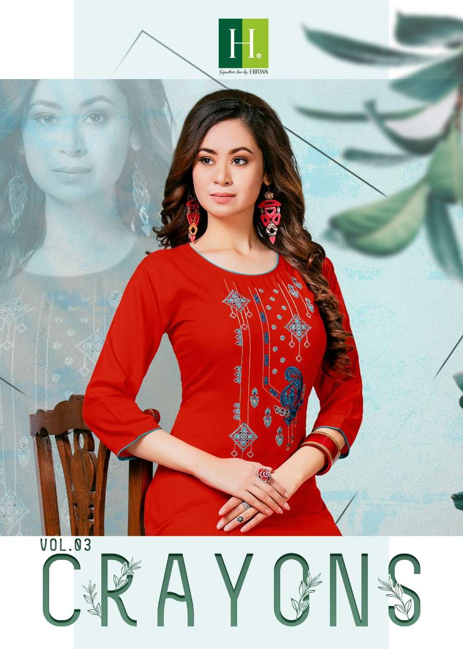 CRAYONS VOL-3 BY H DOT 301 TO 306 SERIES RAYON EMBROIDERY WORK KURTIS