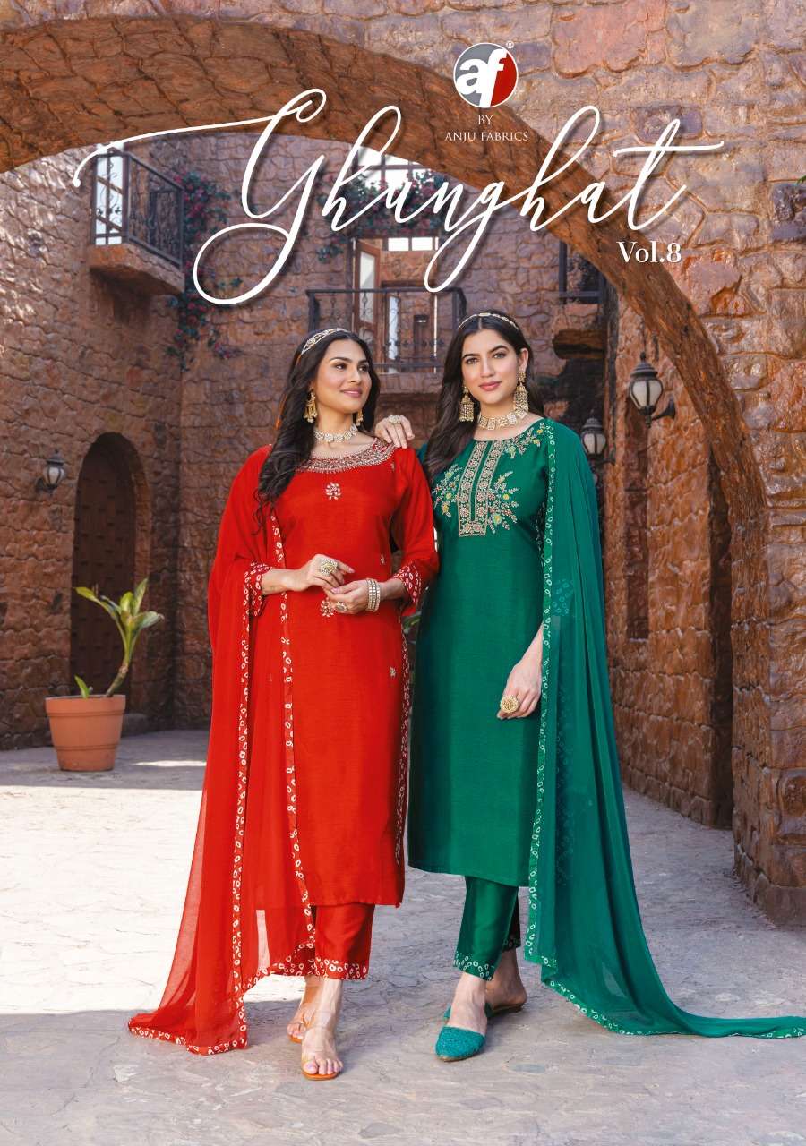 GHUNGHAT VOL-8 BY ANJU FABRICS 2871 TO 2876 SERIES JAAM SILK WORK STITCHED DRESSES