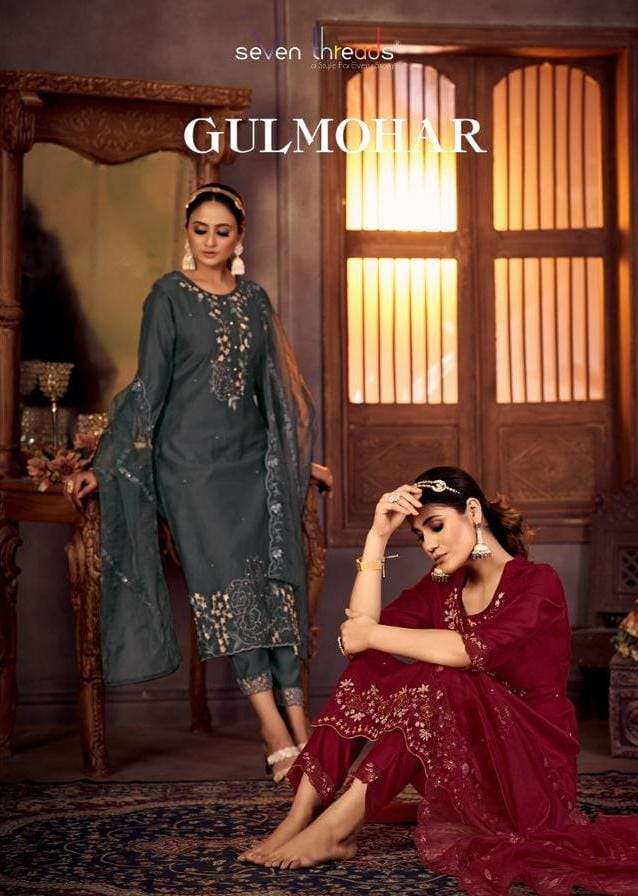 GULMOHAR BY SEVEN THREADS 1001 TO 1006 SERIES VISCOSE SILK EMBROIDERY WORK DRESSES