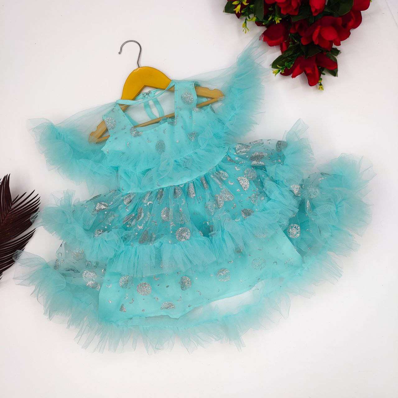 KIDS-016 BY AQSAWHOLESALE NET WITH RUBBER PRINT KIDS GOWNS