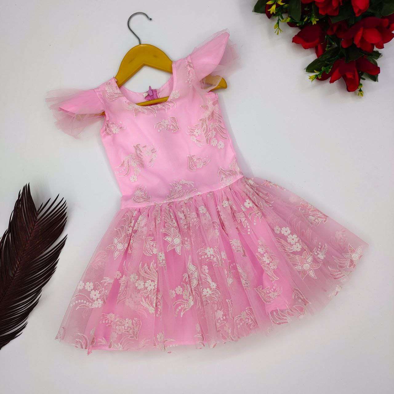 KIDS-017 BY AQSAWHOLESALE NET WITH RUBBER PRINT KIDS FROCK