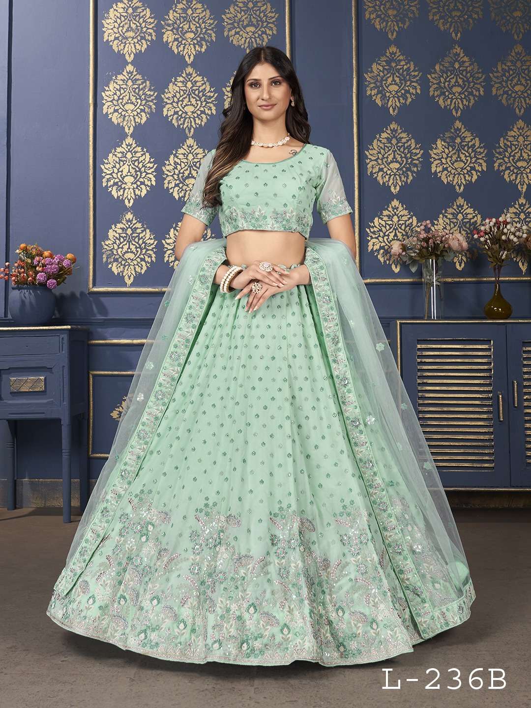 L-236 COLOURS BY AQSAWHOLESALE GEORGETTE HEAVY EMBROIDERY LEHENGAS