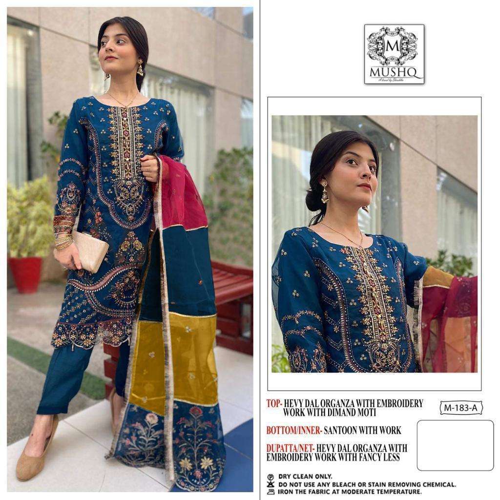 M-183 COLOURS BY MUSHQ 183-A TO 183-D SERIES ORGANZA EMBROIDERY PAKISTANI DRESSES