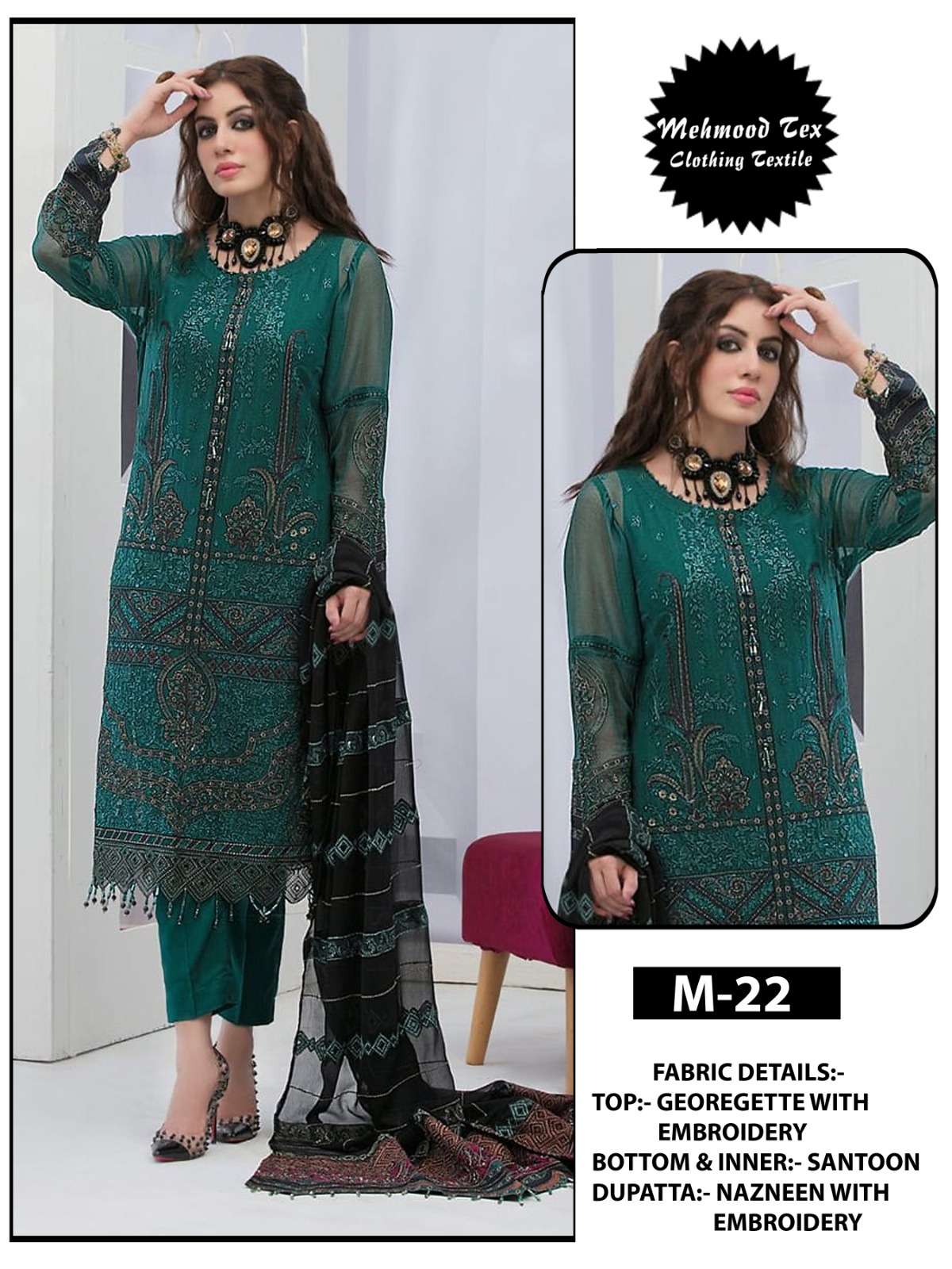 M-22 HIT DESIGN BY MEHBOOB TEX GEORGETTE EMBROIDERY WORK PAKISTANI DRESS