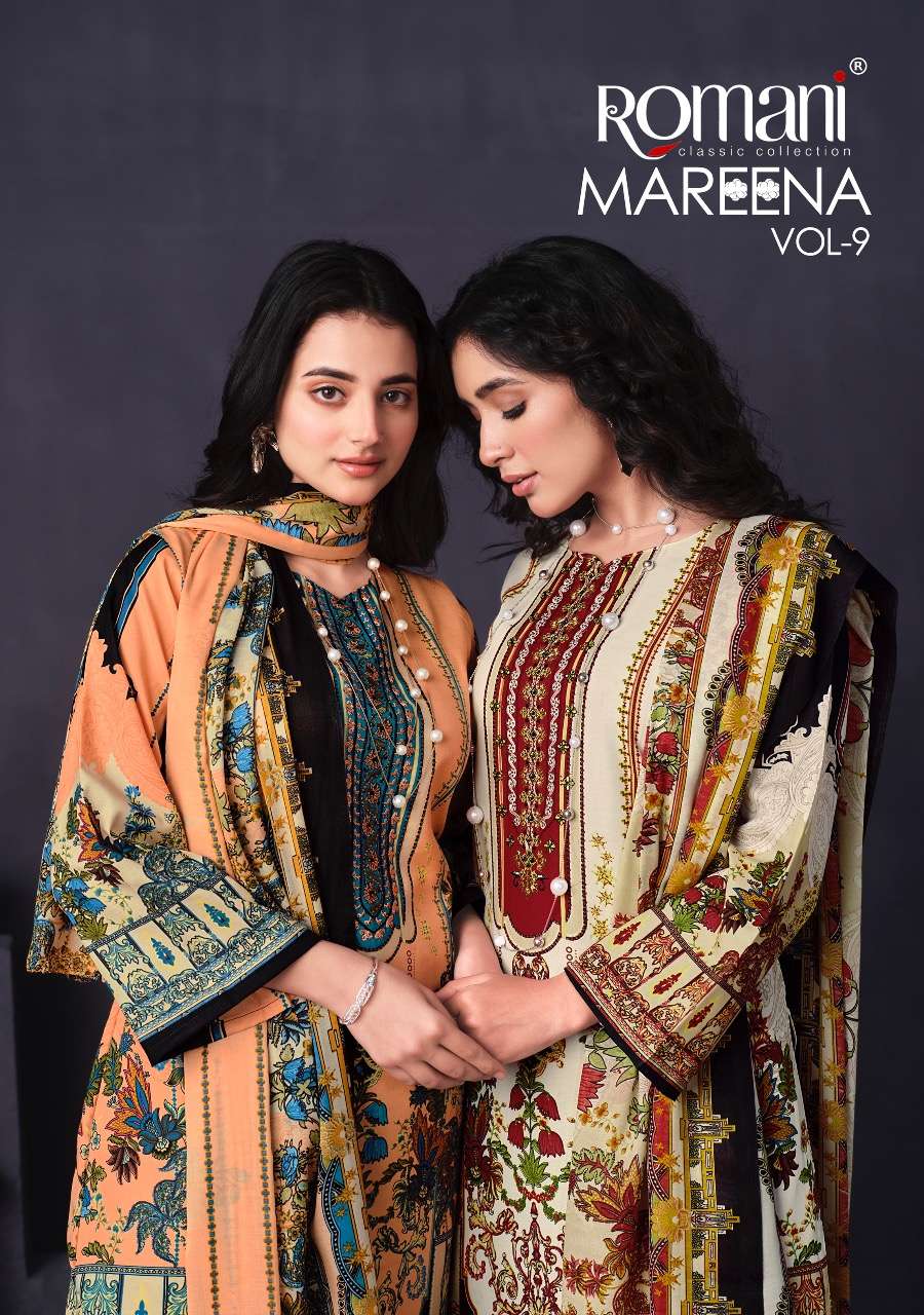 MAREENA VOL-9 BY ROMANI 1072-001 TO 1072-010 SERIES COTTON PAKISTANI PRINT DRESSES