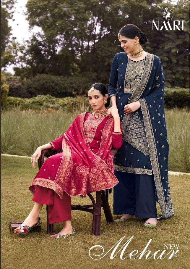 MEHAR BY NAARI 4301 TO 4304 SERIES PURE MUSLIN JACQUARD WORK DRESSES