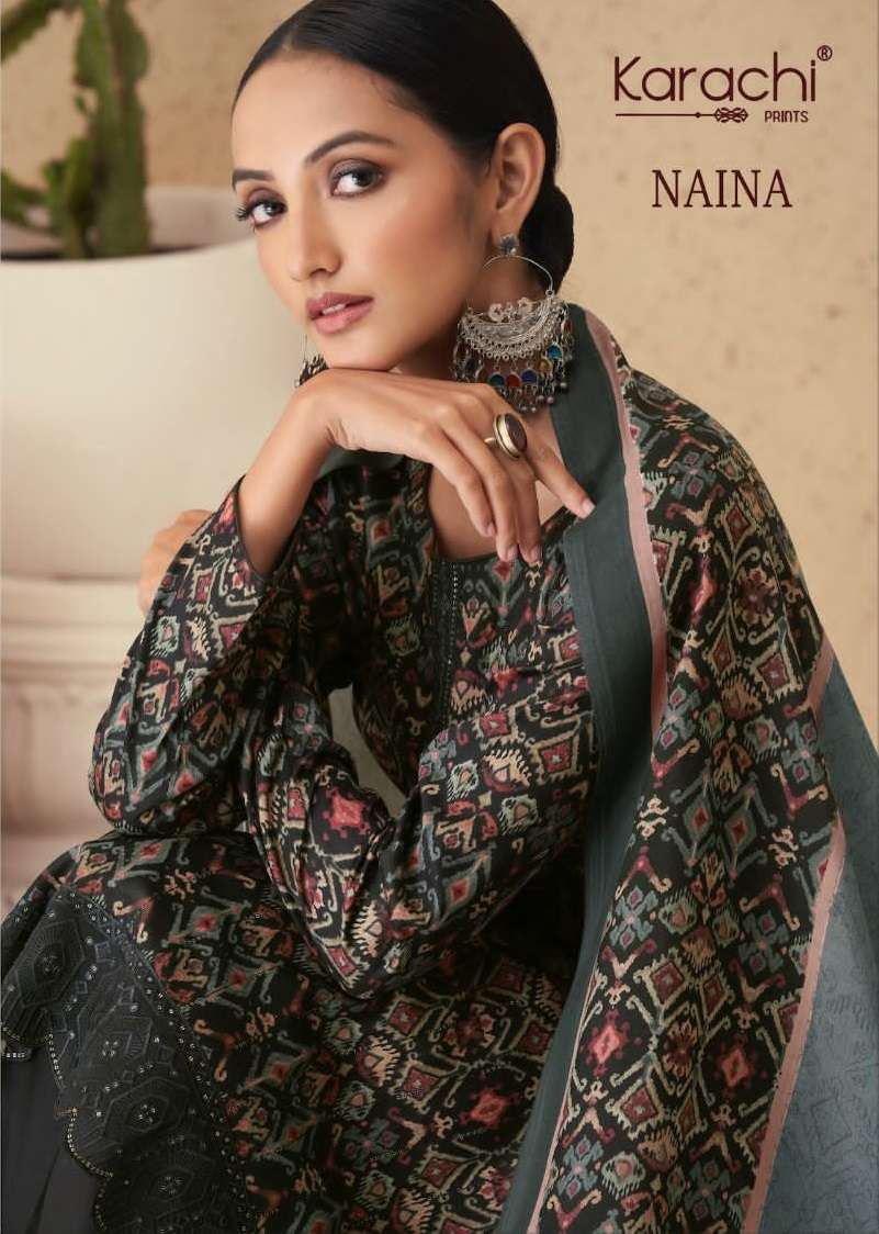 NAINA BY KARACHI PRINTS 55001 TO 55006 SERIES JAAM SATIN PRINT WORK DRESSES