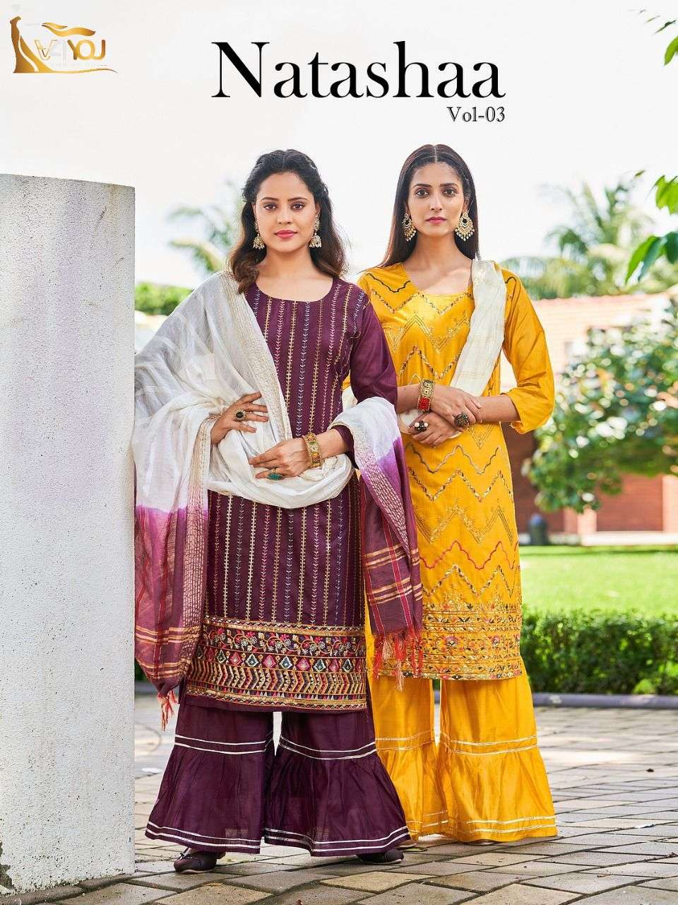 NATASHAA VOL-3 V4YOU 3001 TO 3008 SERIES PURE CHANDERI WORK STTICHED SHARARA SUITS