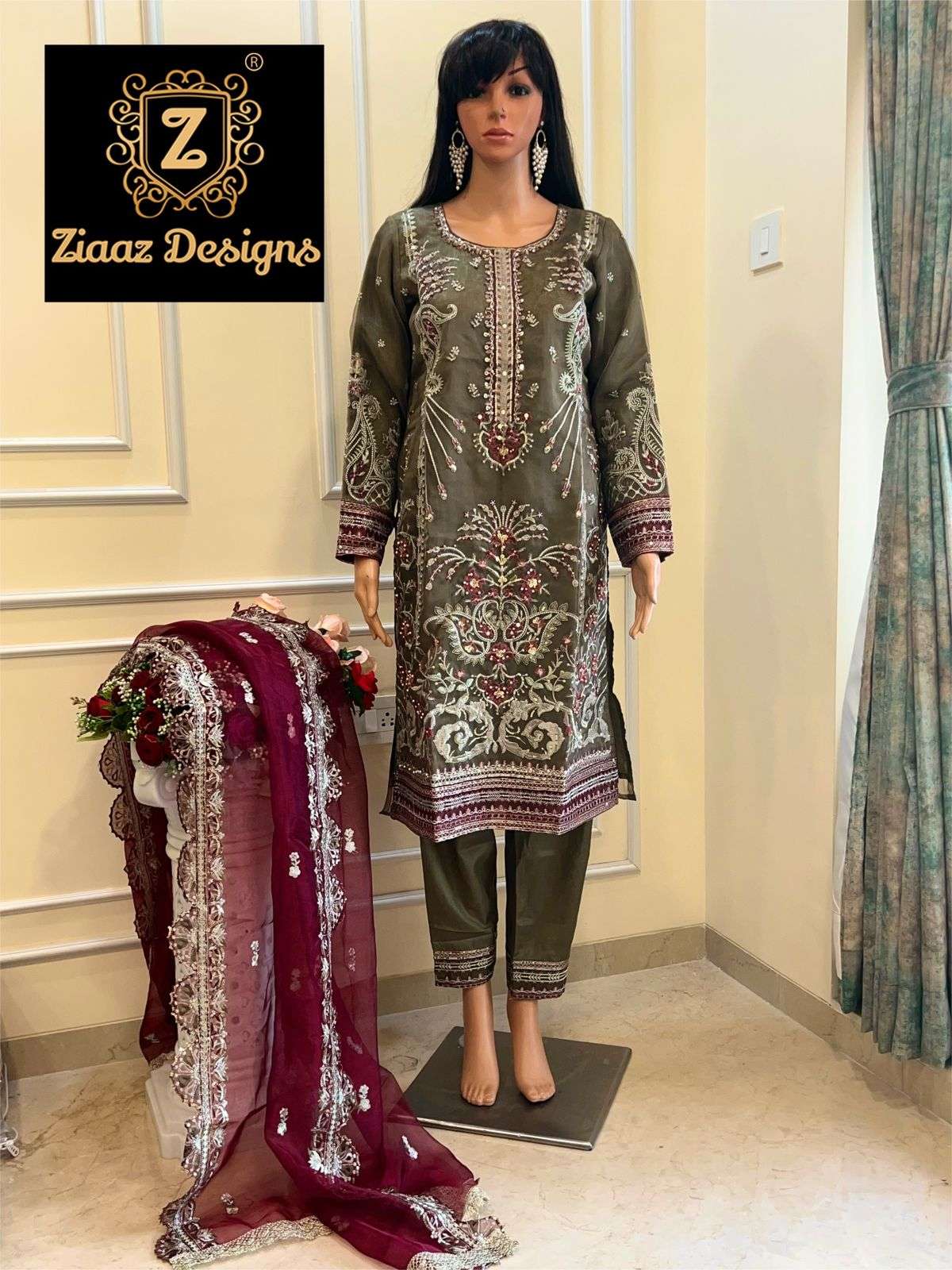 NOOR DARK BRONZE COLOURS BY ZIAAZ DESIGNES ORGANZA EMBROIDERY WORK PAKISTANI DRESSES