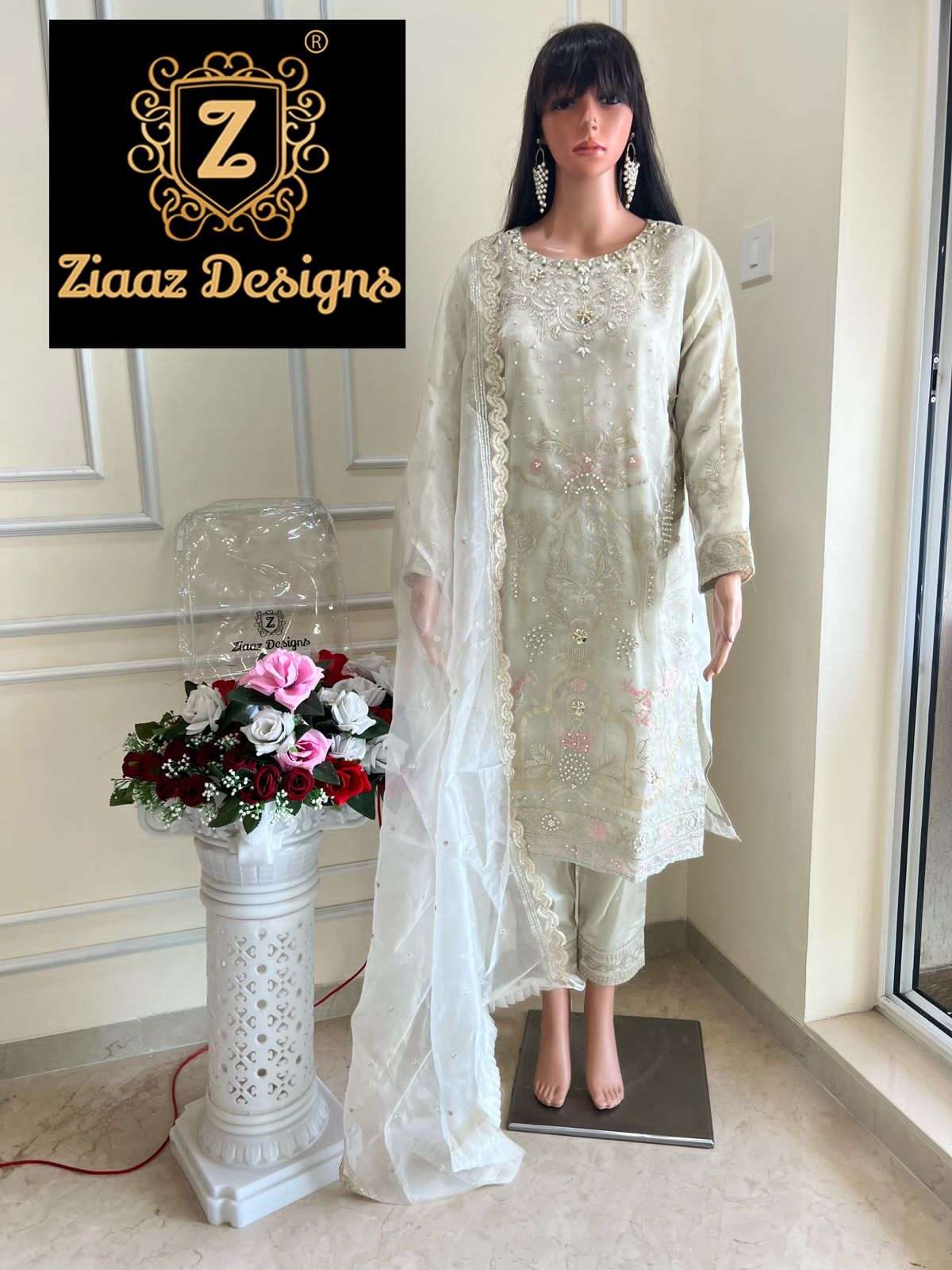 NOOR PALE ICE-136 BY ZIAAZ DESIGNS ORGANZA EMBROIDERY HANDWORK PAKISTANI DRESS