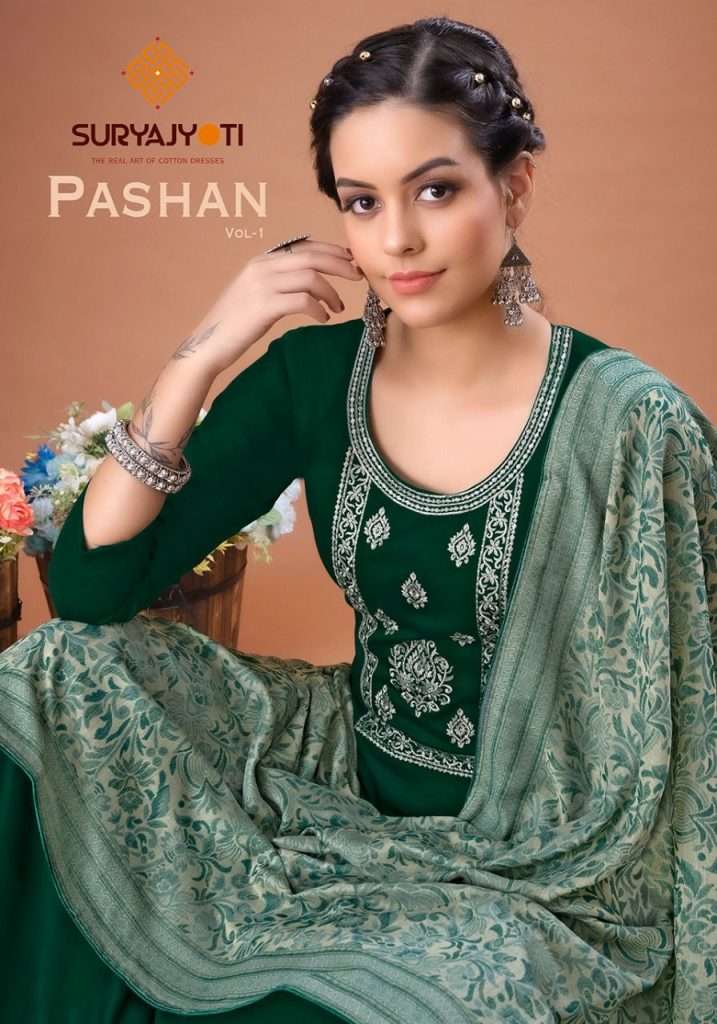 PASHAN VOL-1 BY SURYAJYOTI 1001 TO 1006 SERIES JAAM SATIN EMBROIDERY DRESSES