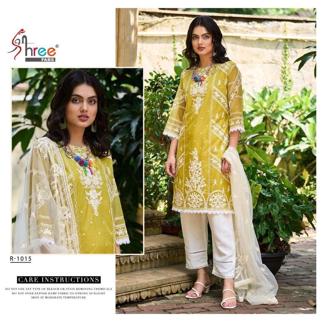 R-1015 COLOURS BY SHREE FABS R-1015 TO R-1015-B SERIES PURE ORGANZA WORK STITCHED DRESSES