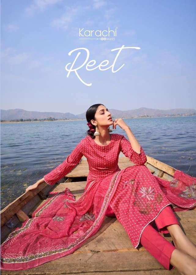 REET BY KARACHI PRINTS 1001 TO 1006 SERIES PURE JAAM SATIN EMBROIDERY DRESSES