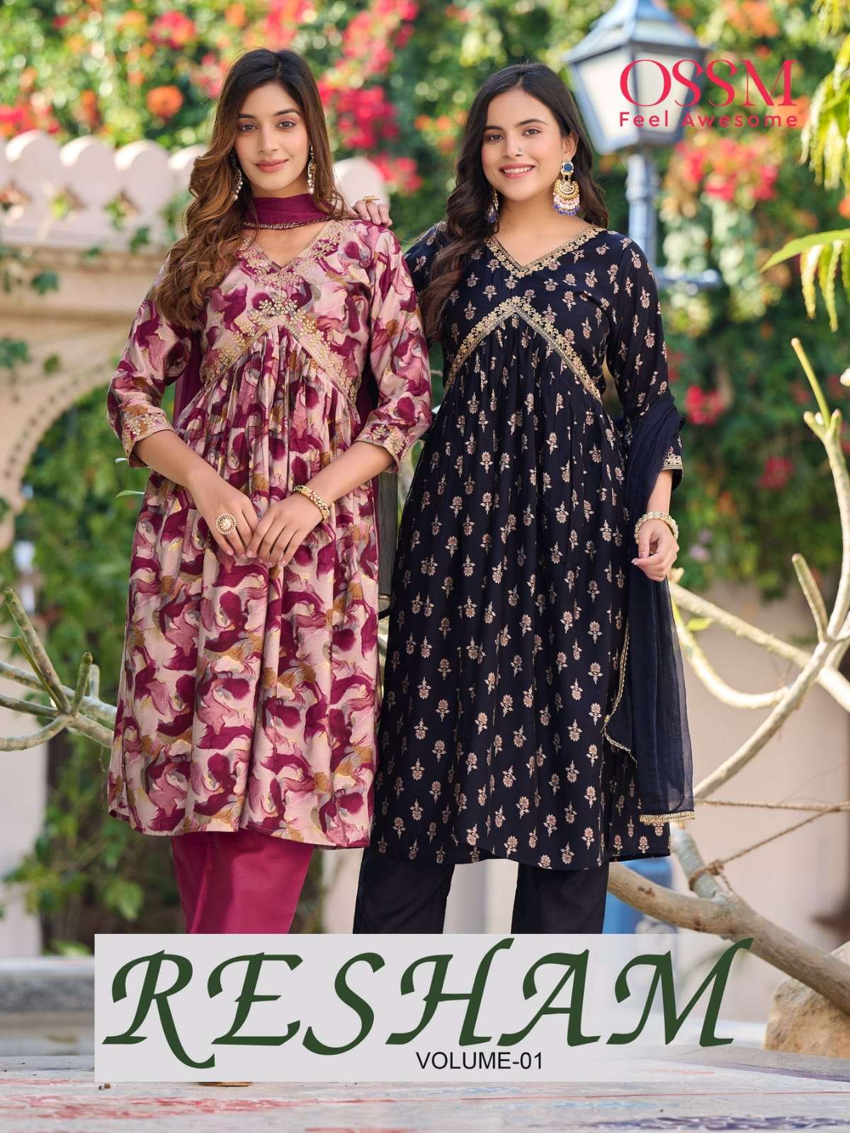 RESHAM BY OSSM 101 TO 106 SERIES CHANDERI PRINT EMBROIDERY STITCHED DRESSES