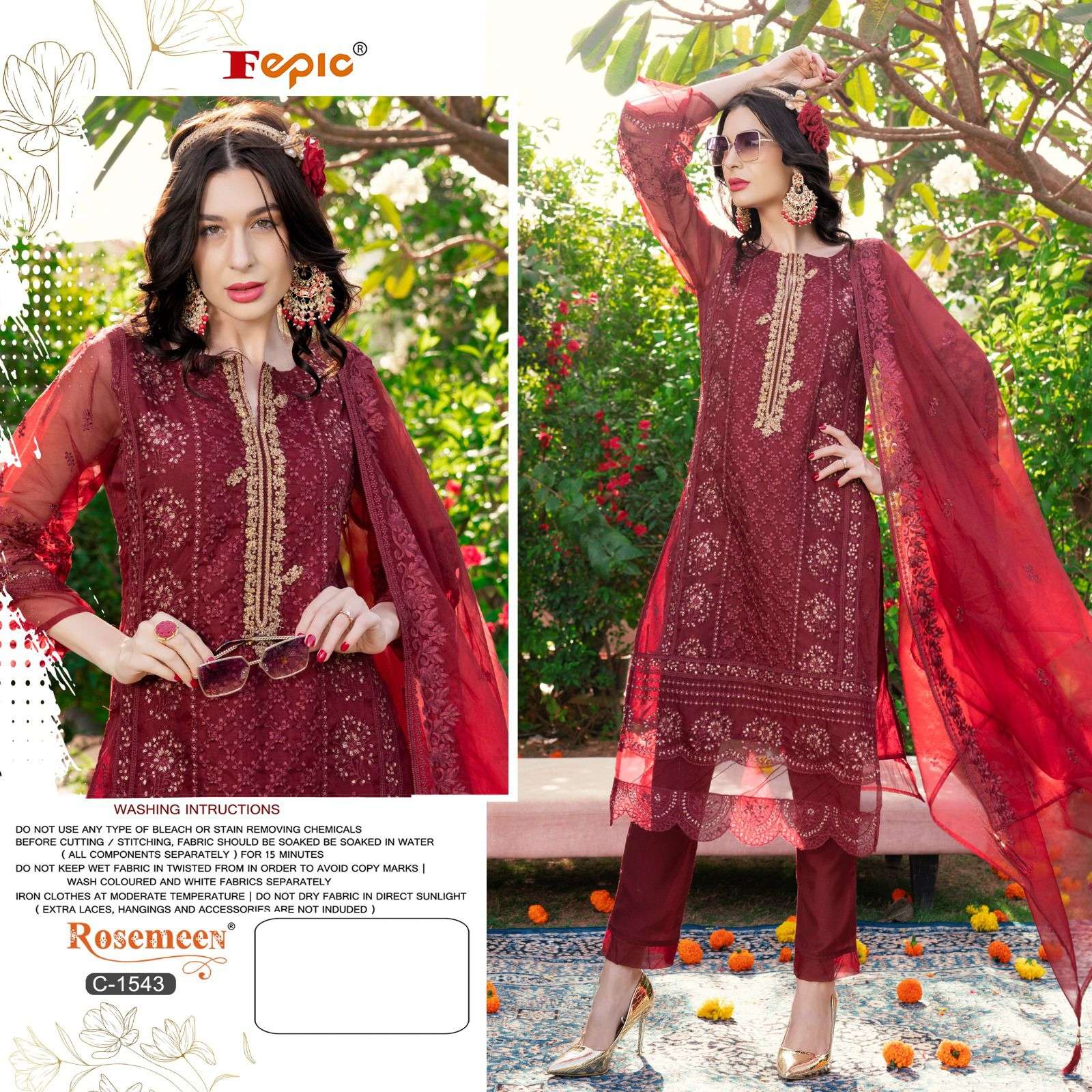 ROSEMEEN 1543 COLOURS BY FEPIC 1543-A TO 1543-D SERIES ORGANZA WORK PAKISTANI DRESSES