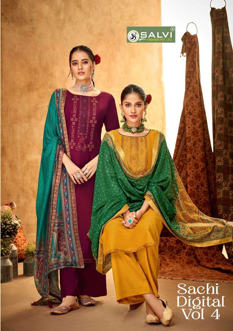 SACHI DIGITAL VOL-4 BY SALVI FASHION 4001 TO 4008 SERIES ROYAN SILK WITH HEAVY EMBROIDERY WORK DRESS...