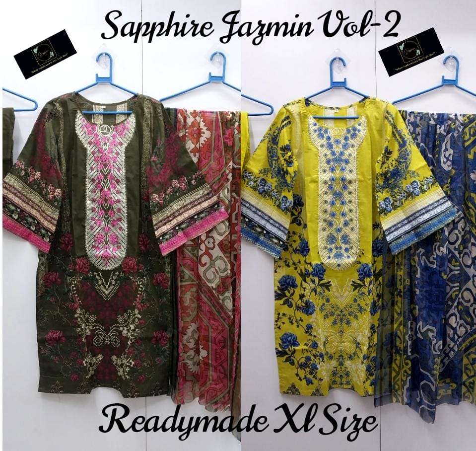 SAPHIRE JAZMIN VOL-2 BY AQSAWHOLESALE LAWN PRINT PATCH WORK STITCHED DRESSES