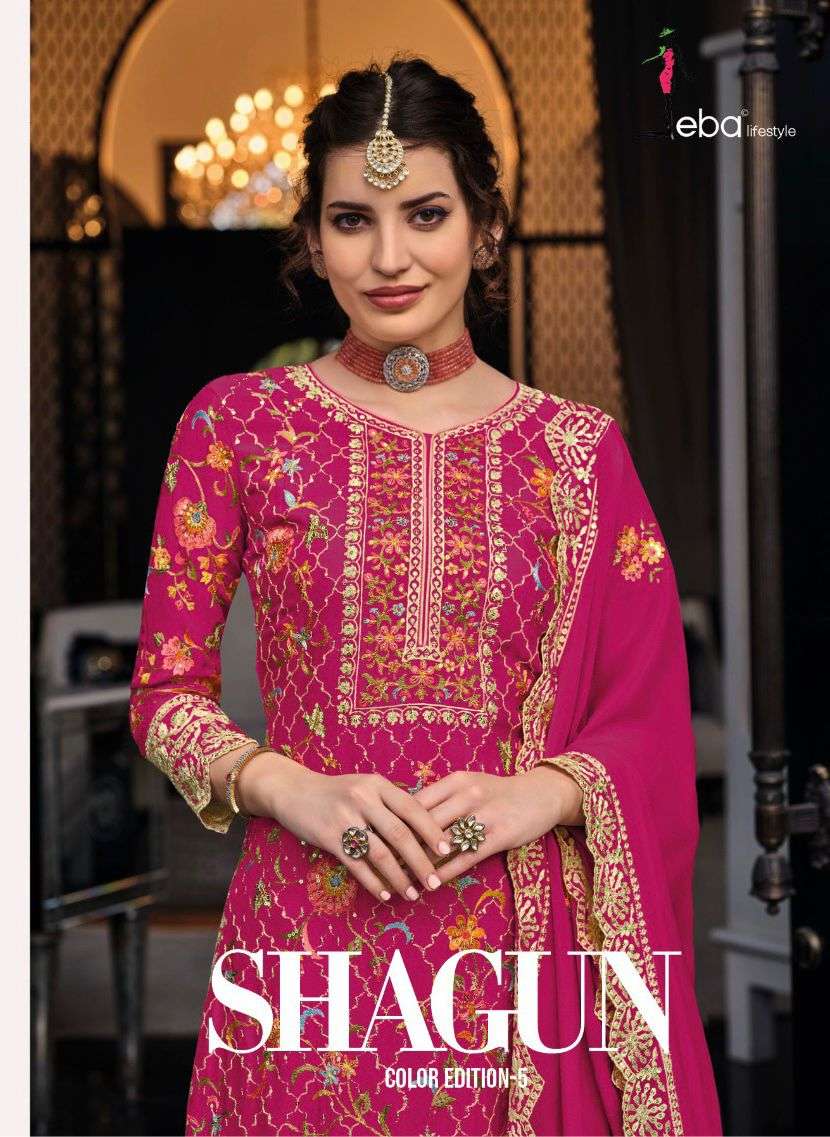 SHAGUN COLOURS VOL-5 BY EBA LIFESTYLE 1447-A TO 1447-C SERIES CHINON EMBROIDERY DRESSES