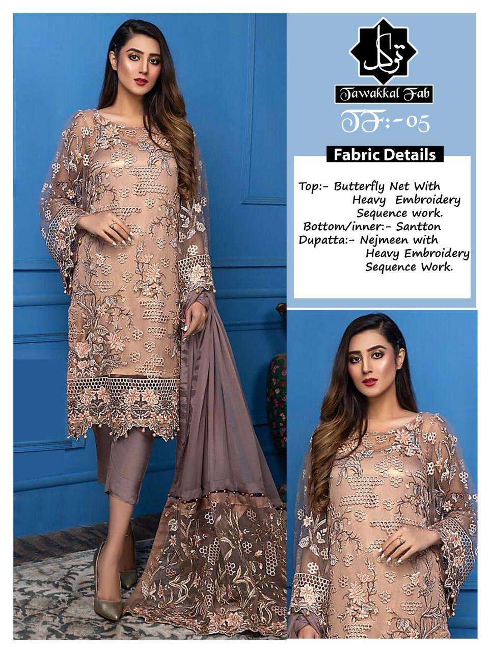 TF-05 HIT DESIGN BY TAWAKKAL FAB BUTTER FLY NET WITH HEAVY EMBROIDERY PAKISTANI DRESS