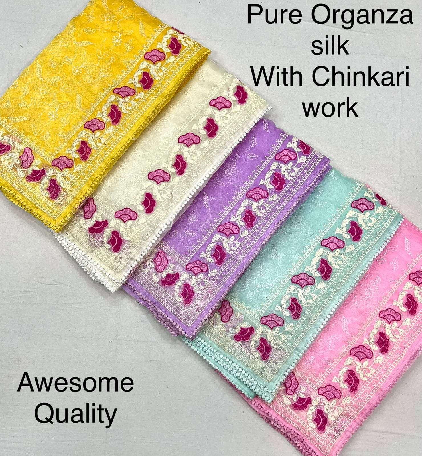 VF-062 BY AQSAWHOLESALE PURE ORGANZA SILK CHIKANKARI WORK SAREES