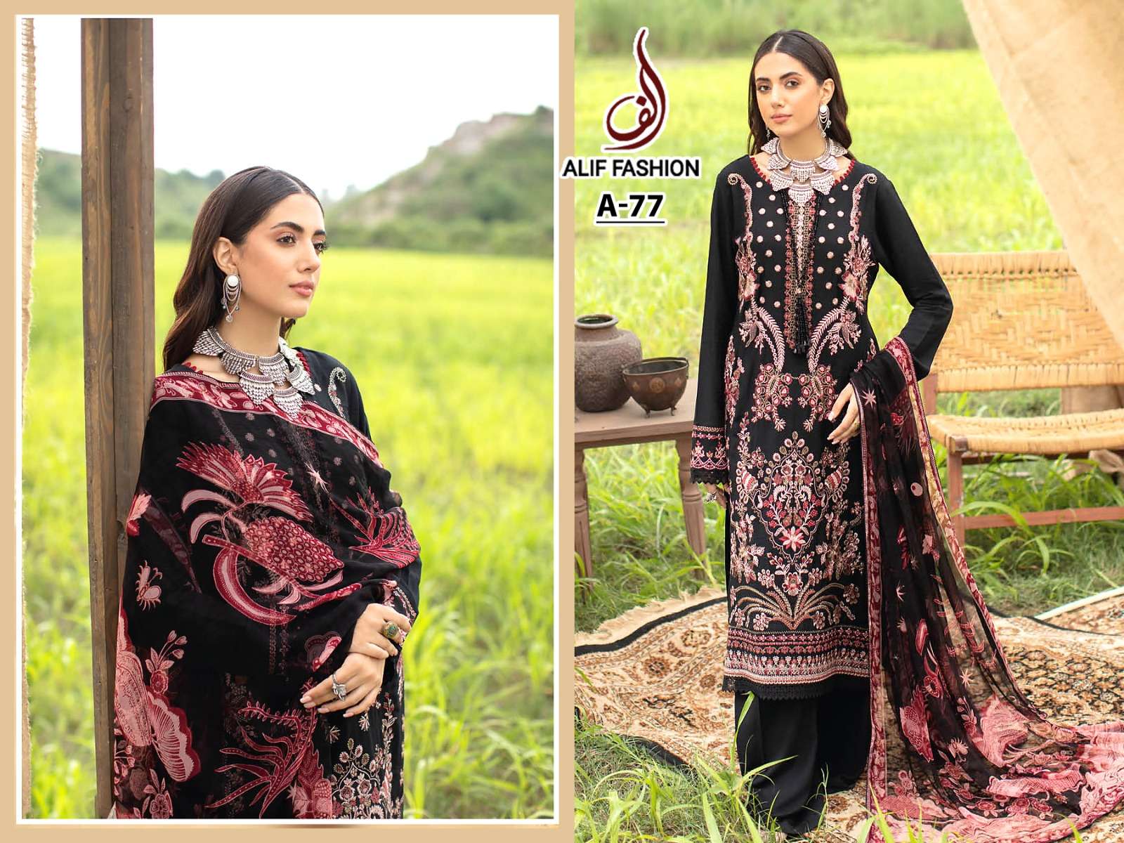 A-77 HIT DESIGN BY ALIF FASHION CAMBRIC COTTON EMBROIDERY PAKISTANI DRESS