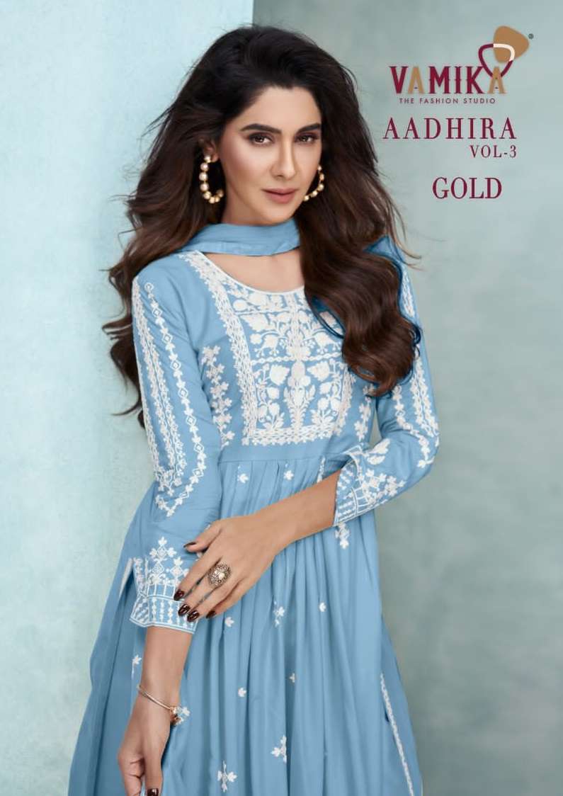 AADHIRA VOL-3 GOLD BY VAMIKA 1105-F TO 1105-J SERIES RAYON LUCKNOWI WORK STITCHED DRESSES