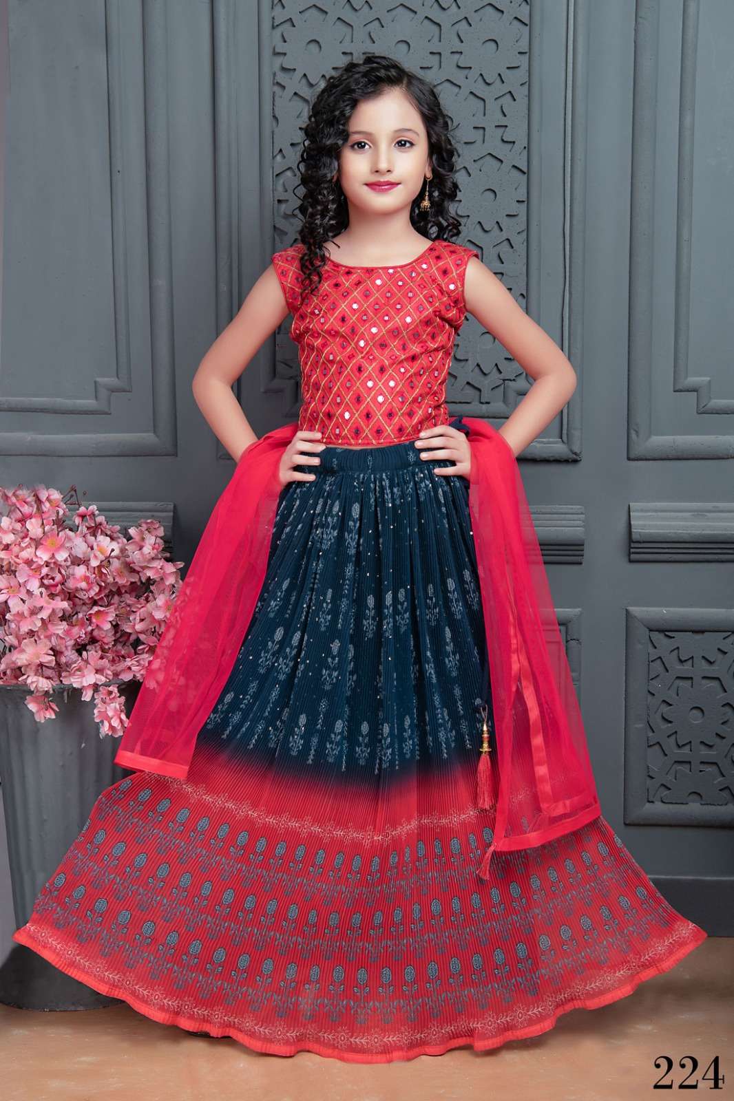 AARADHNA VOL-29 BY AQSAWHOLESALE GEORGETTE CRUSHED SEQUENCE KIDS LEHENGAS