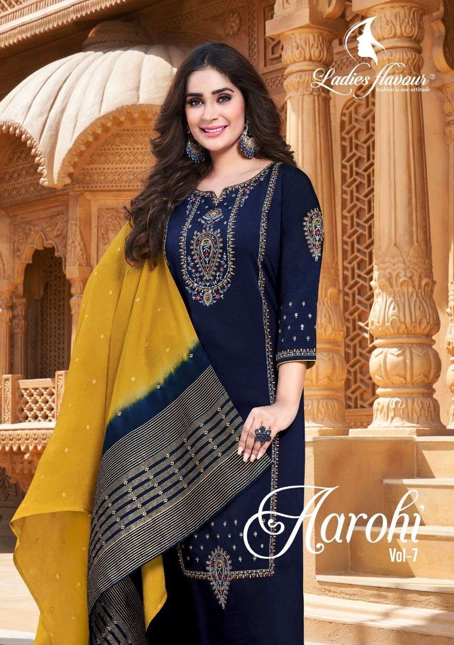 AAROHI VOL-7 BY LADIES FLAVOUR 1001 TO 1006 SERIES CHINON EMBROIDERY STITCHED DRESSES