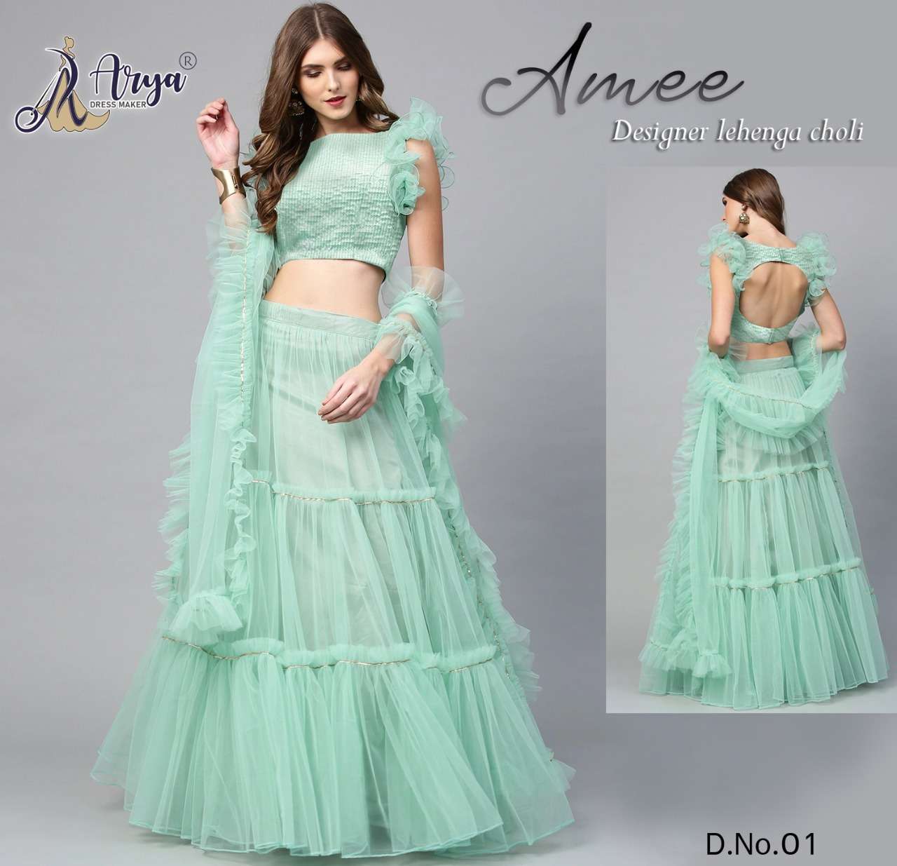 AMEE BY ARYA DRESS MAKER 01 TO 06 SERIES SATIN BANGLORI WORK CROP-TOP LEHENGAS